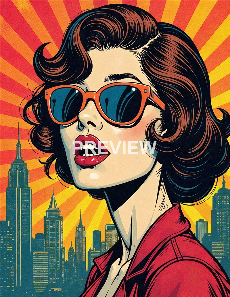 A pop art-style illustration of a woman with wavy brown hair wearing large orange sunglasses and red lipstick, set against a vibrant yellow and red radial background with a city skyline featuring tall skyscrapers.